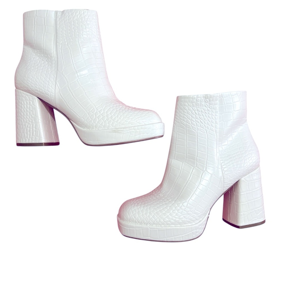 White Ankle Boots with Chunky Block Heels